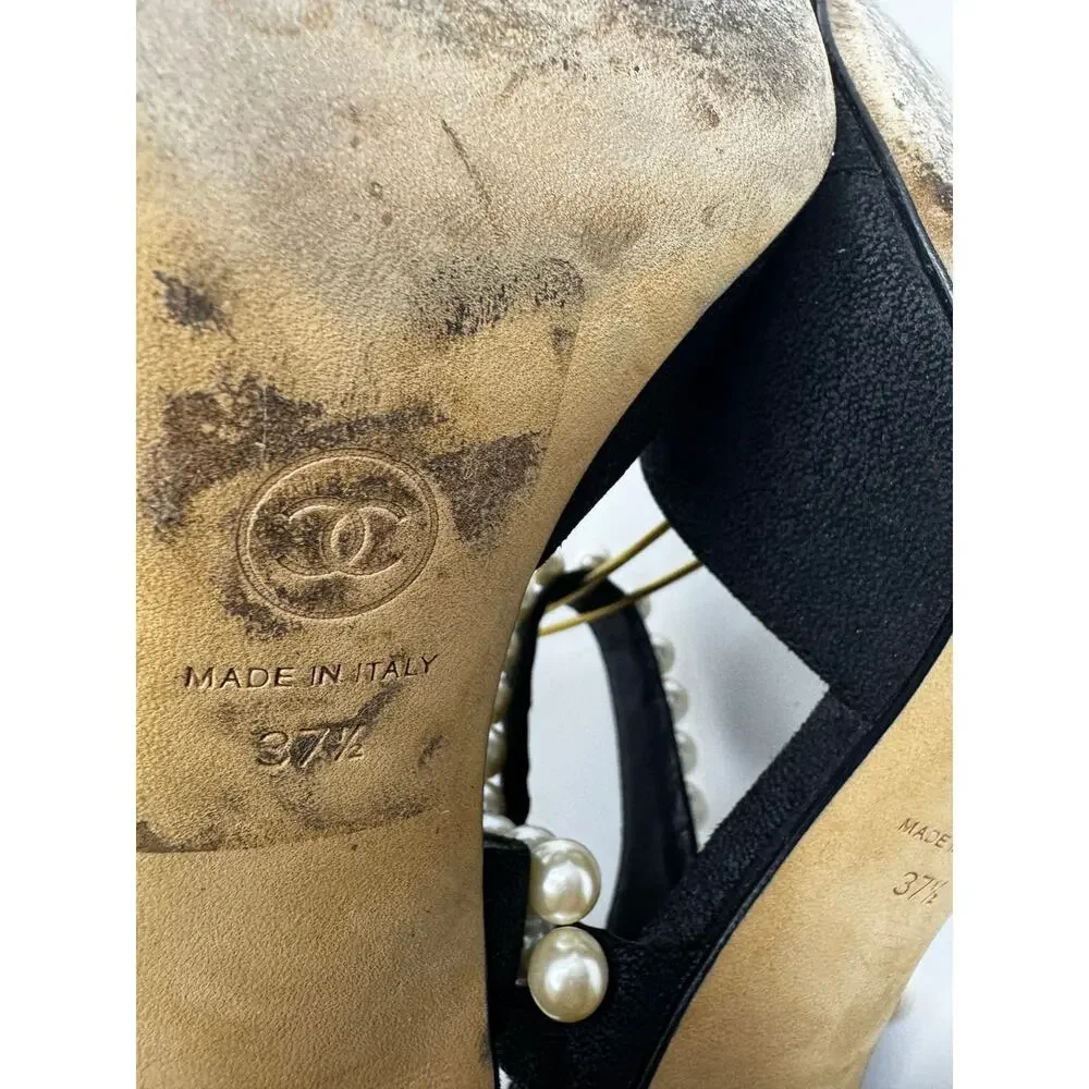 Chanel Black Grosgrain Faux Pearl Slide Sandals CC Logo EU 37.5